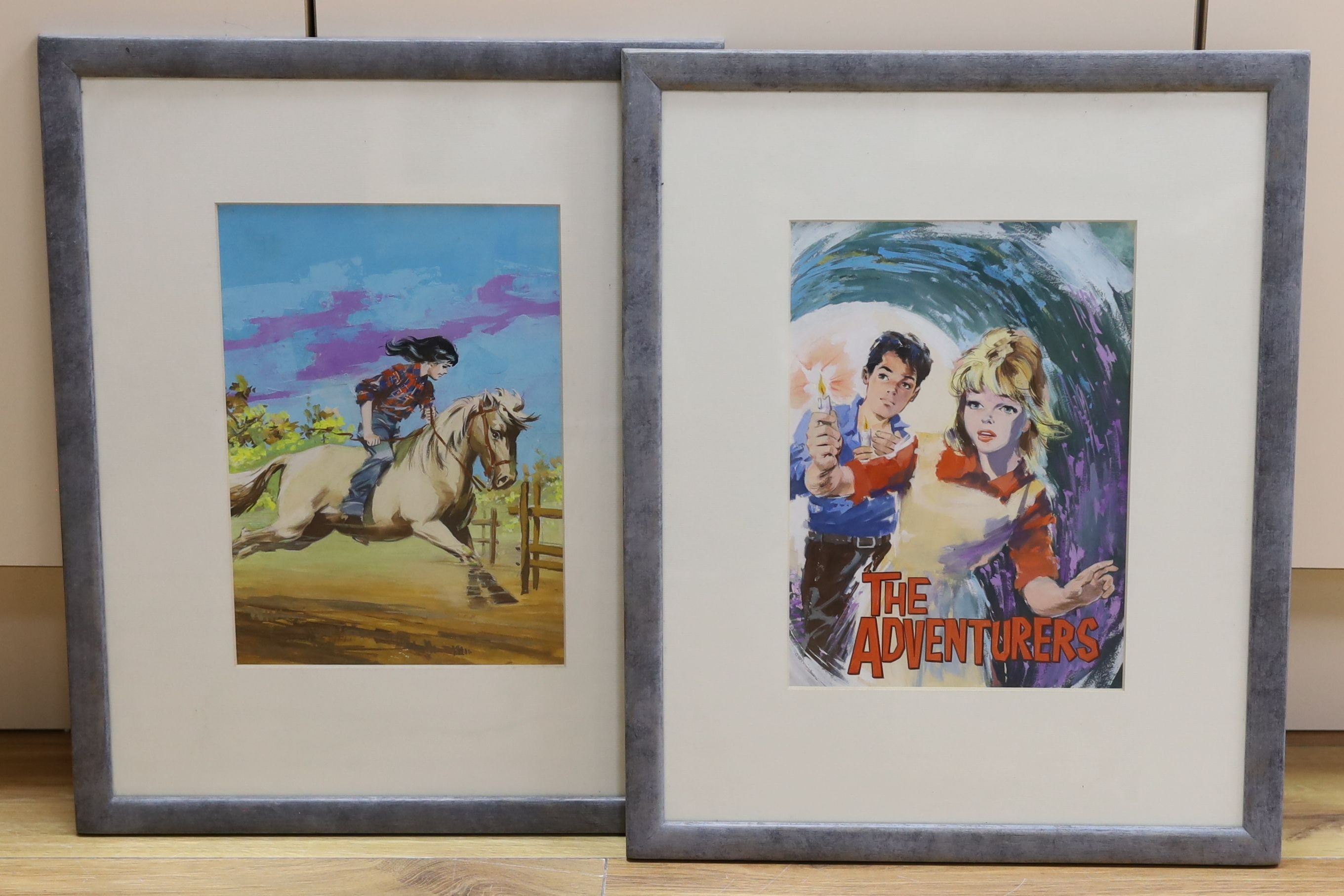 Two original children's magazine illustrations ‘The Adventurers’ and another, gouache on board, 27x19cm